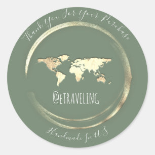Thank You Mint Gold World Map Travelling Globe Classic Round Sticker
