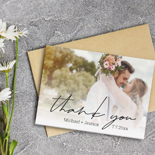 thank you modern chic handwriting wedding photo card