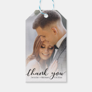 thank you,modern handwriting,wedding faded photo gift tags