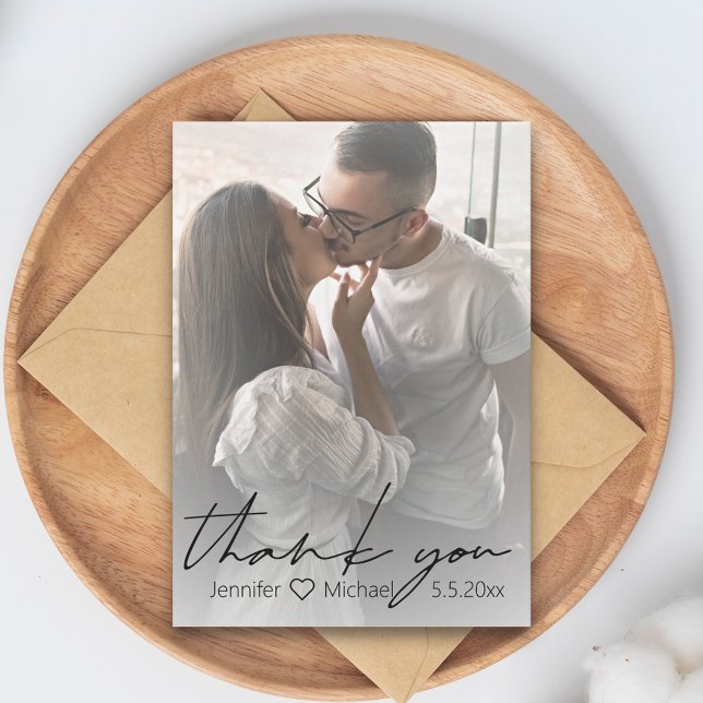 thank you, modern handwriting wedding photo  card (Creator Uploaded)