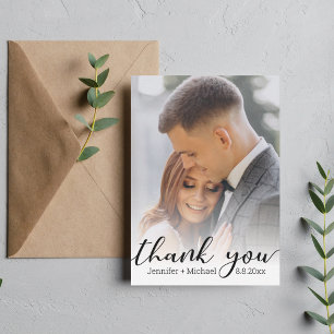 thank you,modern handwriting,wedding photo card