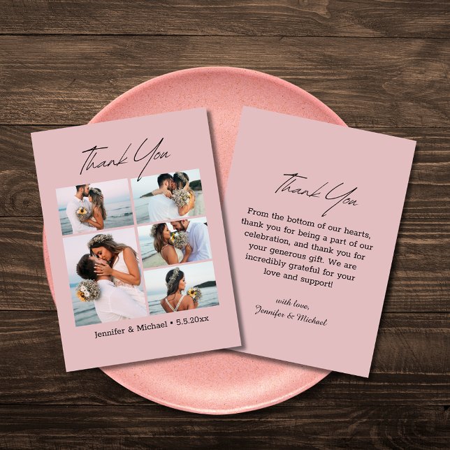 thank you modern script 5 photos pink wedding card (Creator Uploaded)