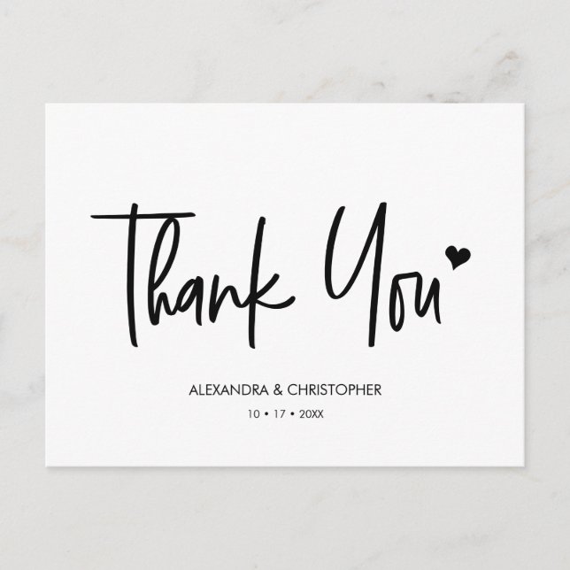 Thank you Modern Script Black and White Wedding Postcard (Front)