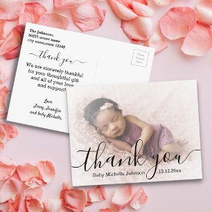 thank you,modern script, newborn baby girl photo postcard