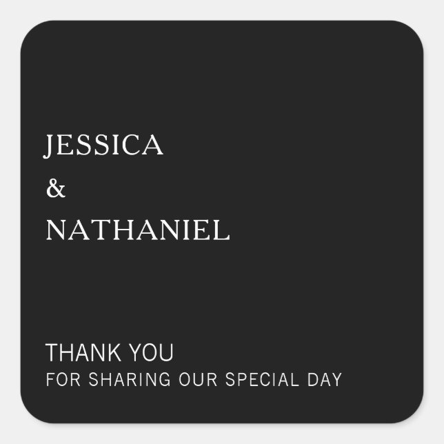 Thank You Modern Simple Black Wedding Favour Square Sticker (Front)
