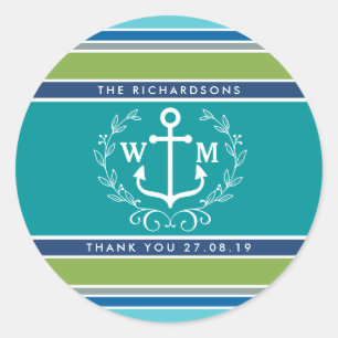 Thank You Monogram Anchor Laurel Wreath Stripes Classic Round Sticker