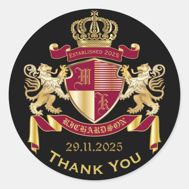 Thank You Monogram Coat of Arms Gold Red Emblem Classic Round Sticker (Front)
