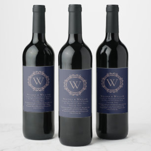 Thank You Monogram Wedding Navy Copper Blush Wine Label