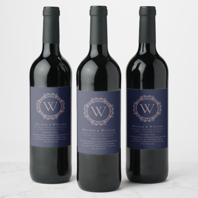 Thank You Monogram Wedding Navy Copper Blush Wine Label (Bottles)