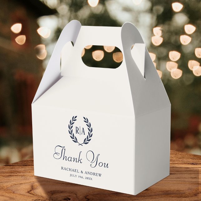 Thank You Monogram Wedding Wreath Navy Cream Favour Box (Creator Uploaded)