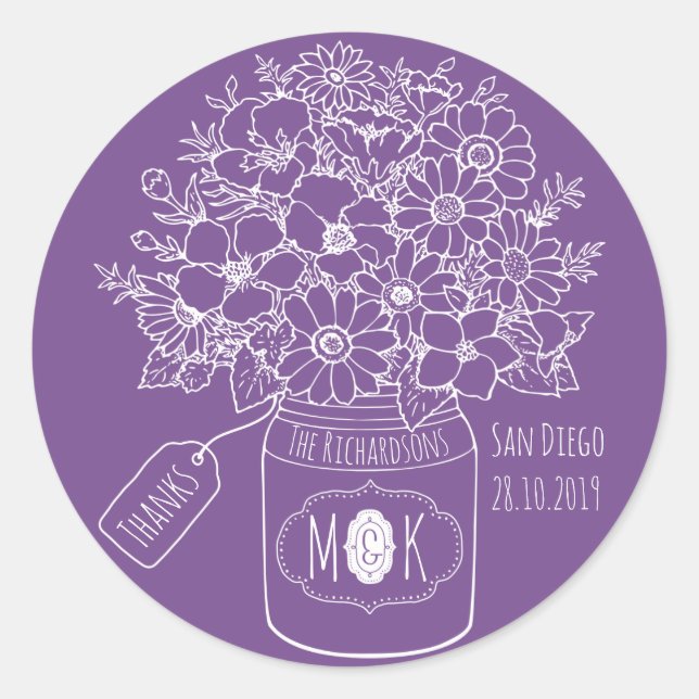Thank You Monogram Wildflowers Bouquet Mason Jar Classic Round Sticker (Front)