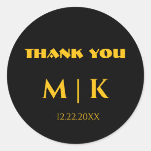 Thank You Monograms Wedding Gold Yellow Black  Classic Round Sticker
