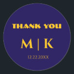Thank You Monograms Wedding Gold Yellow Blue Classic Round Sticker<br><div class="desc">Printed with monogram initials (which you can edit,  change and personalise) in custom blue golden yellow colours with custom thank you message!</div>