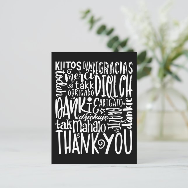 Thank You Multi Languages White Typography Black Postcard (Standing Front)