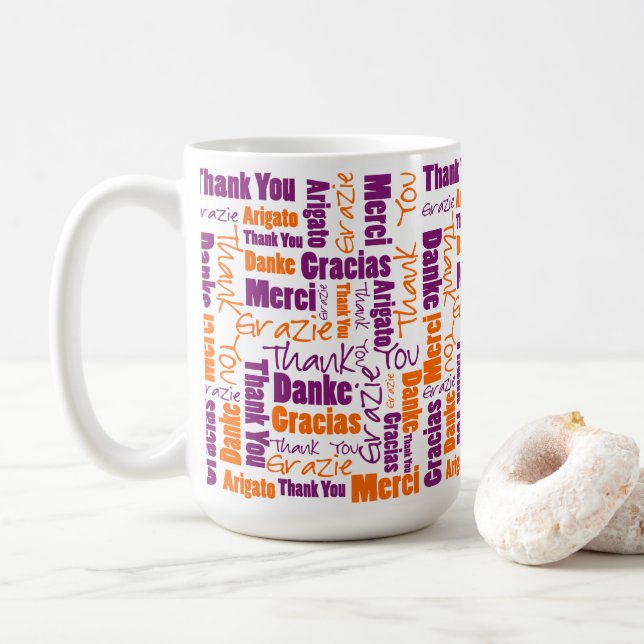 Thank You Multilingual Typography Purple Orange Coffee Mug (With Donut)