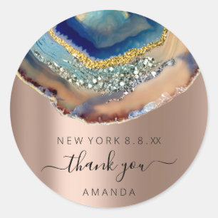 Thank You Name 16th Bridal Glitter Rose Gold Blue Classic Round Sticker