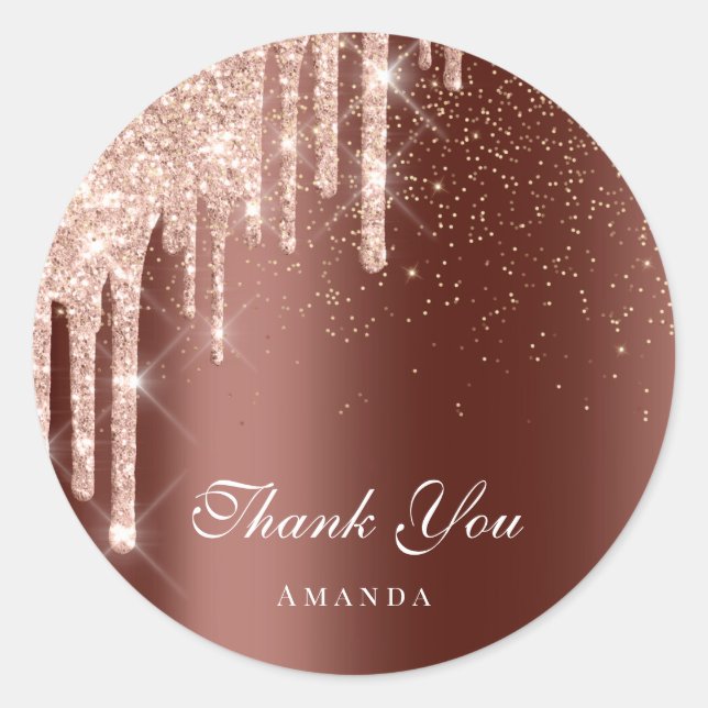 Thank You Name 16th Bridal Rose Gold Drips Brown Classic Round Sticker (Front)