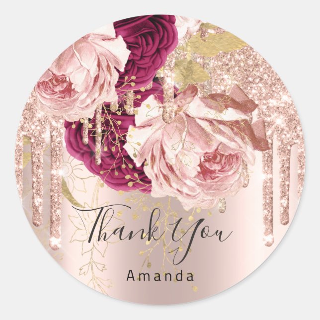 Thank You Name 16th Bridal Roses Drip Pink Marsala Classic Round Sticker (Front)