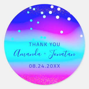 Thank You Name Date Blue Aqua Pink Confetti Ocean Classic Round Sticker