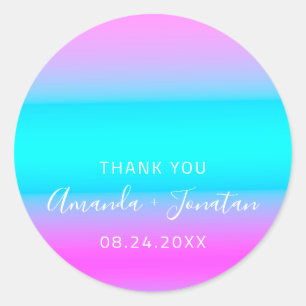 Thank You Name Date Blue Aqua Pink Ombre Classic Round Sticker