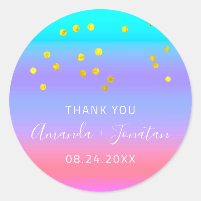 Thank You Name Date Blue Pink Gold Confetti  Classic Round Sticker (Front)