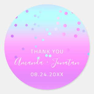 Thank You Name Date Blue Pink Pastel Confetti  Classic Round Sticker