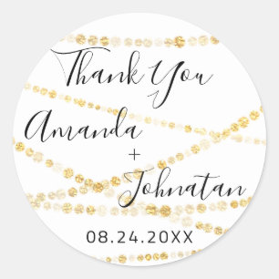 Thank You Name Date White Gold Light White Classic Round Sticker