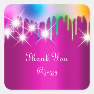 Thank You Name Drip Favour Holograph Pink Rainbow Square Sticker