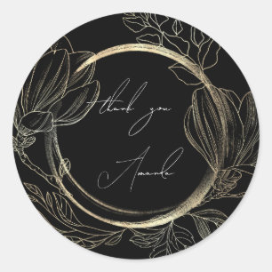 Thank You Name Floral Black Gold Wedding Bridal Classic Round Sticker