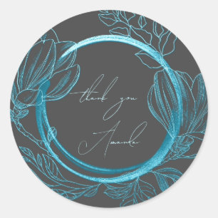 Thank You Name Floral Grey Blue Wedding Bridal Classic Round Sticker