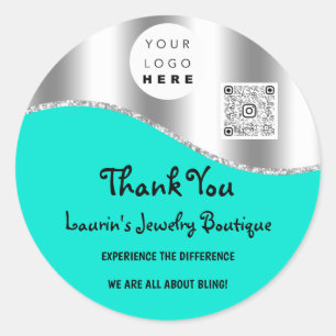 Thank You Name Logo Qr Code Grey Silver Blue Classic Round Sticker