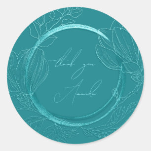 Thank You Name Magnolia Floral Blue Teal Garden Classic Round Sticker