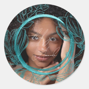 Thank You Name Magnolia Floral Garden Blue Teal Classic Round Sticker