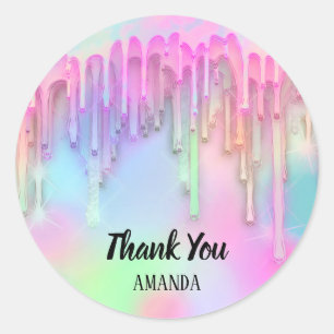 Thank You Name Pink Holograph Drips Unicorn Classic Round Sticker