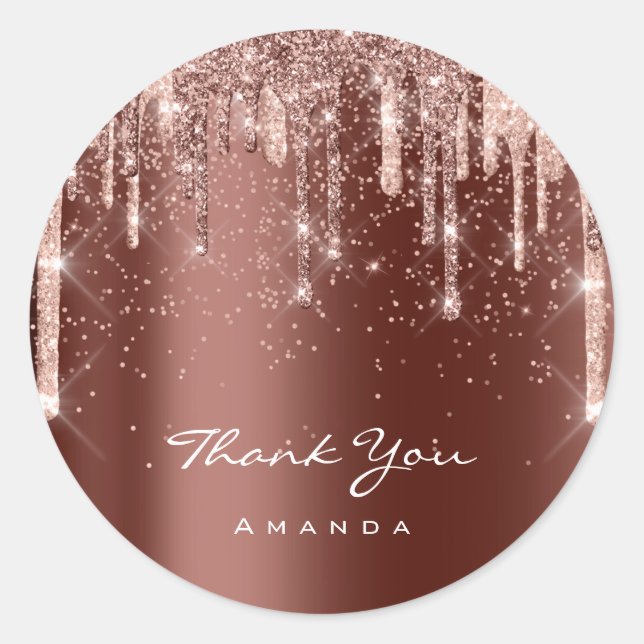 Thank You Name Rose Drips Glitter Brown Classic Round Sticker (Front)
