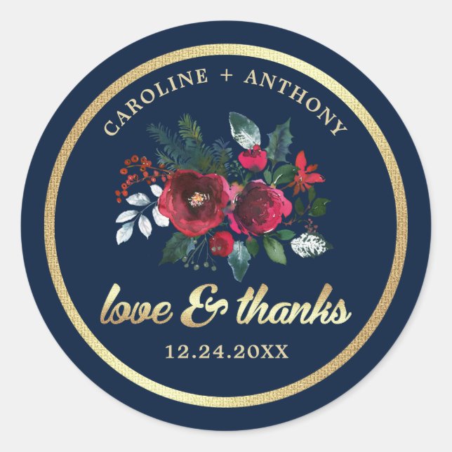 Thank You. Navy Blue | Burgundy Bloom Wedding Classic Round Sticker (Front)