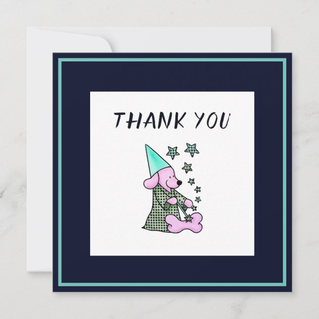 Thank You Navy Blue Floral Cute Dog  Card (Front)