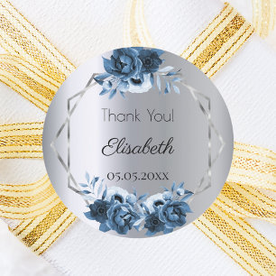 Thank You navy blue florals silver metallic winter Classic Round Sticker