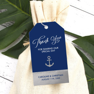 THANK YOU Navy Blue Silver Foil Anchor Wedding Gift Tags
