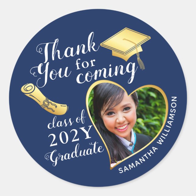 Thank You Navy Blue White Gold Graduation Party Classic Round Sticker (Front)