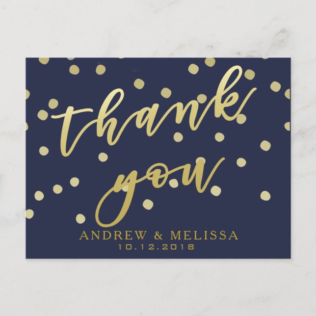 Thank you | Navy & Faux Gold Script Postcard (Front)