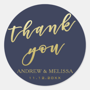 Thank you Navy & Gold Script Wedding Sticker
