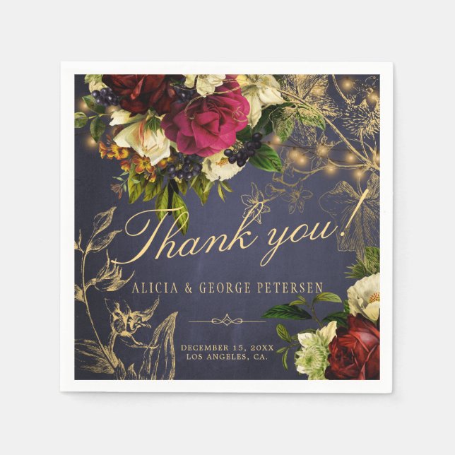 Thank you navy gold typography burgundy wedding napkin (Front)