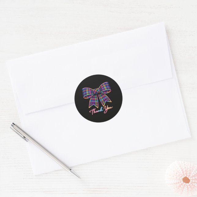Thank you Neon Tartan Bow Scottish Bright Pattern Classic Round Sticker (Envelope)