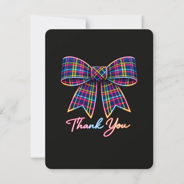 Thank you Neon Tartan Bow Scottish Bright Pattern RSVP Card (Front)