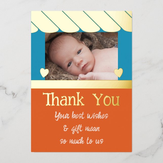 Thank you new baby gifts blue orange foil card (Front)