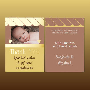 Thank you new baby gifts brown yellow foil card