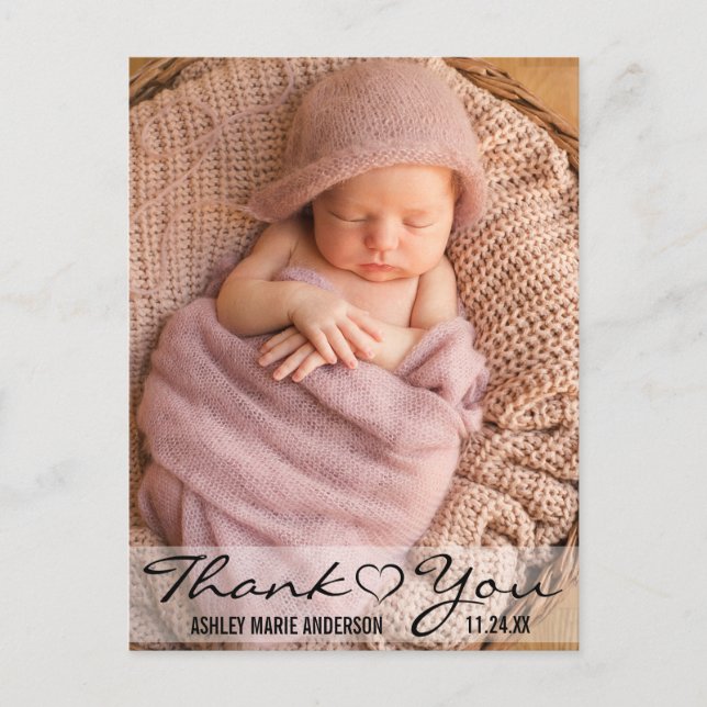 Thank You New Baby Modern Photo Heart Announcement Postcard (Front)