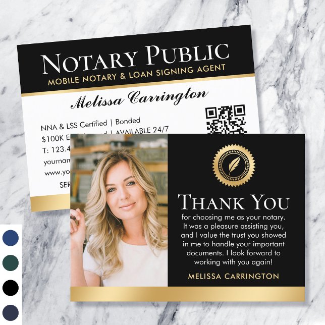 Thank You Notary Public Photo QR Code Black Gold Business Card (Creator Uploaded)