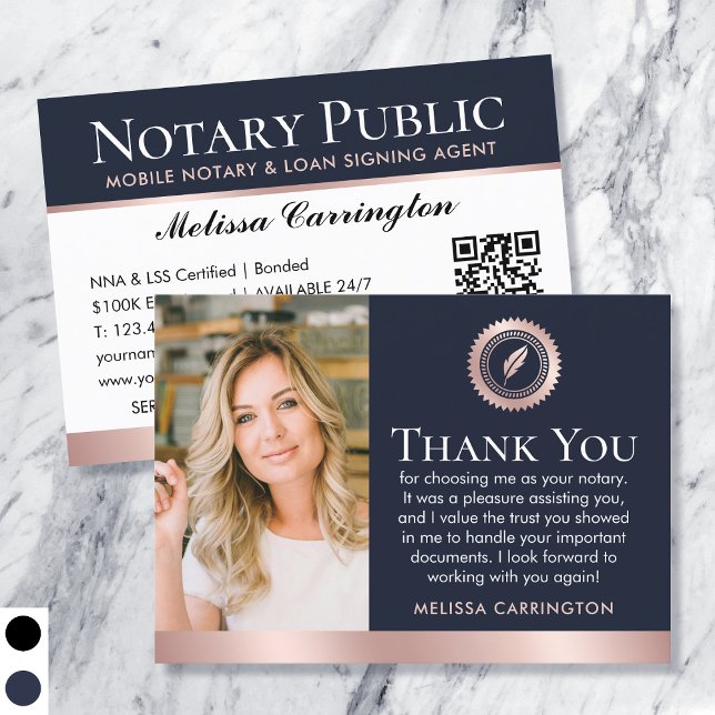 Thank You Notary Public Photo Rose Gold Navy Blue Business Card (Creator Uploaded)